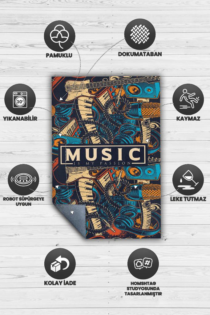 Müzik Tutkum Art Müzik Halısı Rock Müzik Halısı Elektro Gitar Figürlü Renkli Modern Halı
