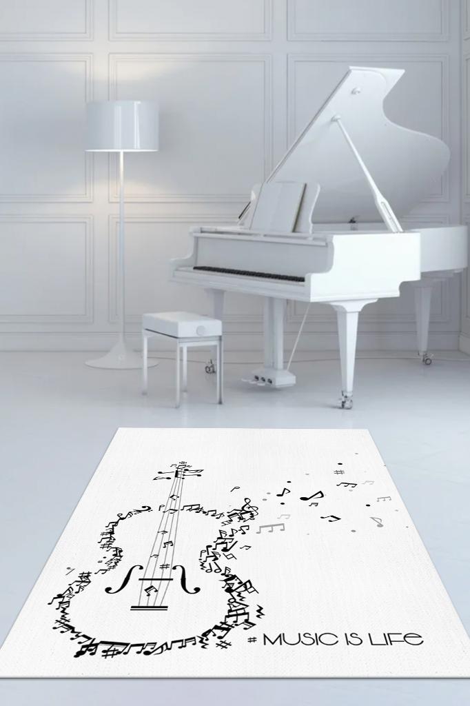 Müzik Hayattır Art Müzik Halısı Beyaz Renkli Müzik Halısı Gitar Figürlü Beyaz Modern Halı