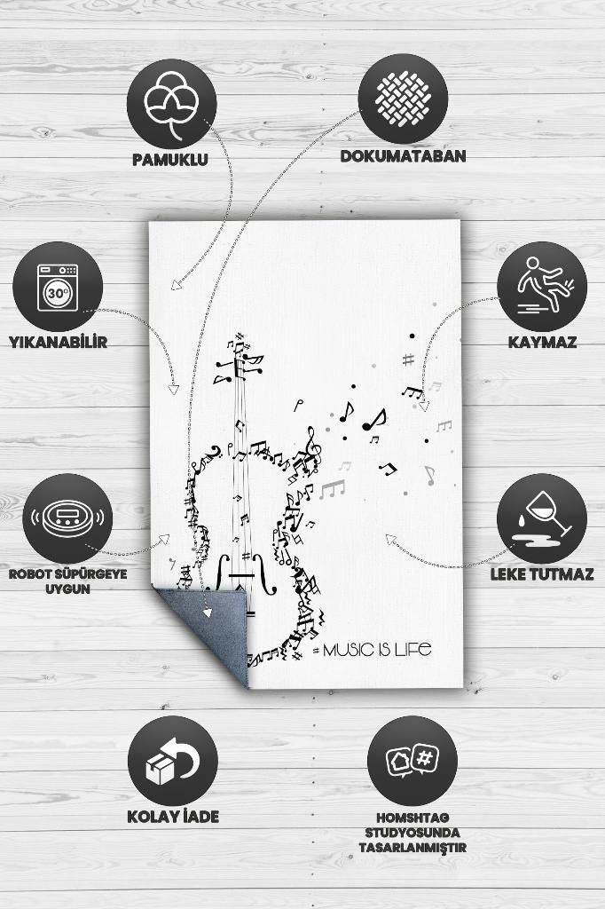 Müzik Hayattır Art Müzik Halısı Beyaz Renkli Müzik Halısı Gitar Figürlü Beyaz Modern Halı