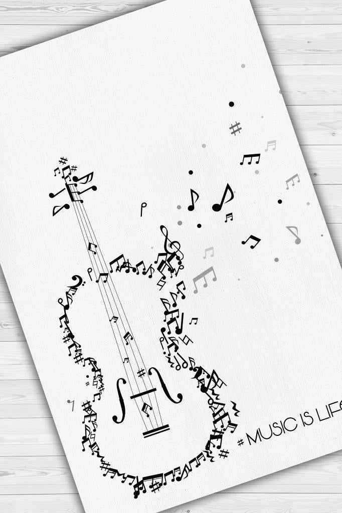 Müzik Hayattır Art Müzik Halısı Beyaz Renkli Müzik Halısı Gitar Figürlü Beyaz Modern Halı