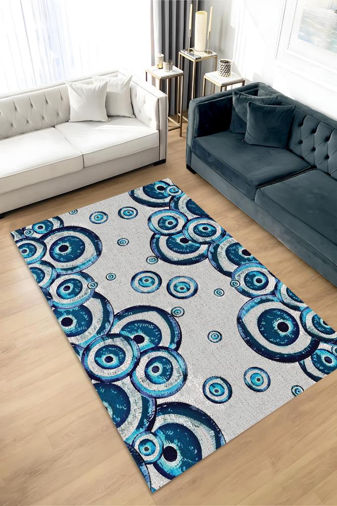Nazar Köpükleri Minimal Salon Halısı Nazar Boncuklu Desenli Halı Renkli Oturma Odası Halısı