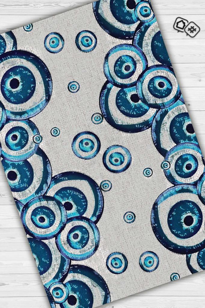 Nazar Köpükleri Minimal Salon Halısı Nazar Boncuklu Desenli Halı Renkli Oturma Odası Halısı