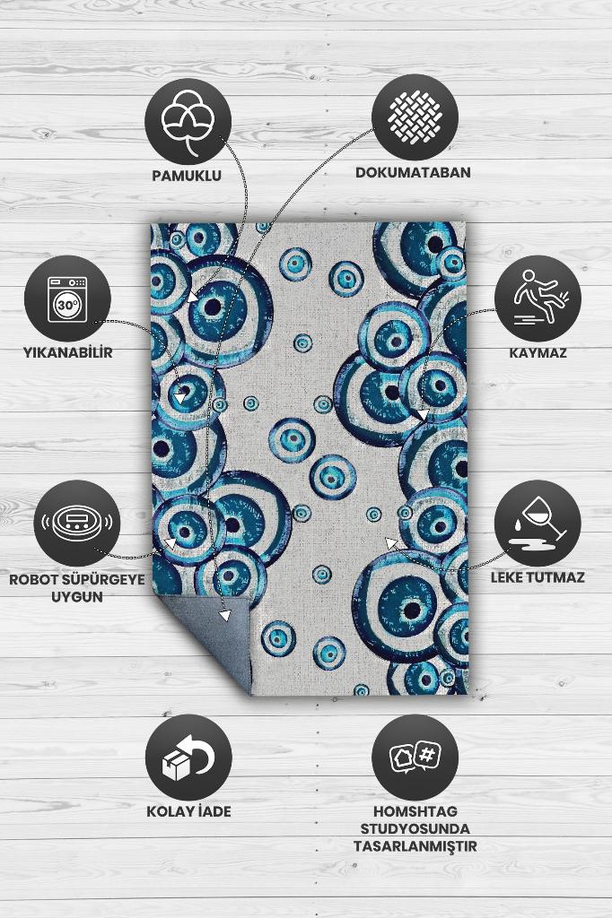 Nazar Köpükleri Minimal Salon Halısı Nazar Boncuklu Desenli Halı Renkli Oturma Odası Halısı