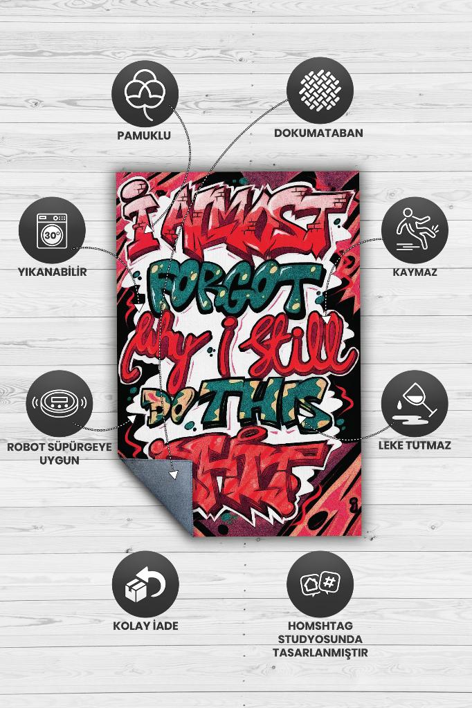 Neden Hala Bunu Yapıyorum Graffiti Temalı Renkli Genç Odası Halsı Dekoratif Graffiti Halısı