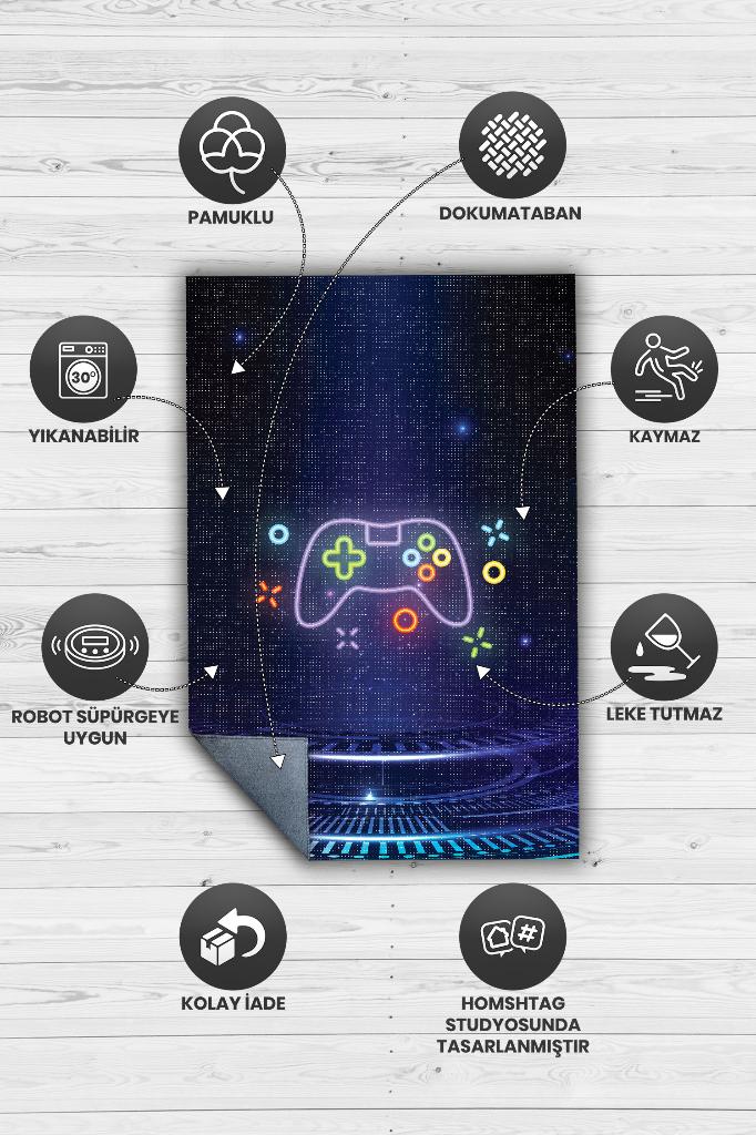 Neon Gamer Siyah Renk Oyuncu Halısı Neon Renk Gamer Temalı Halı Oyuncuya Hediye Halı