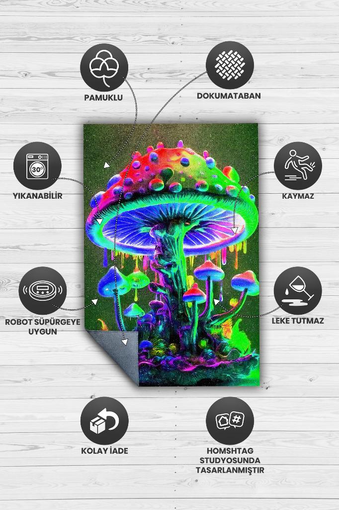 Homshtag Neon Mantar Çok Renkli Mantarlı Mutfak Halısı Neon Mantar Baskılı Özel Tasarım Halı