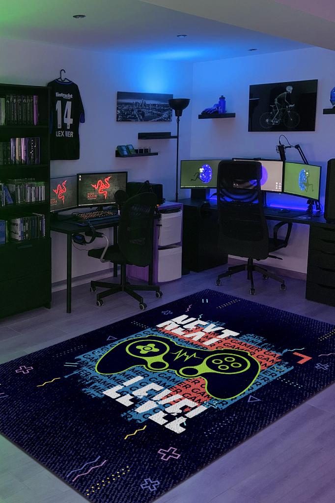 Next Level Lacivert Oyuncu Halısı Gamer Özel Tasarım Halı Oyuncuya Hediye Çok Renkli Halı