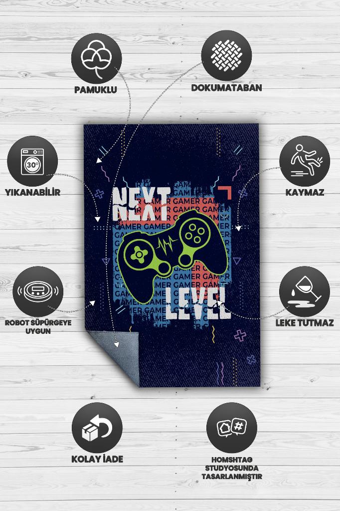 Next Level Lacivert Oyuncu Halısı Gamer Özel Tasarım Halı Oyuncuya Hediye Çok Renkli Halı
