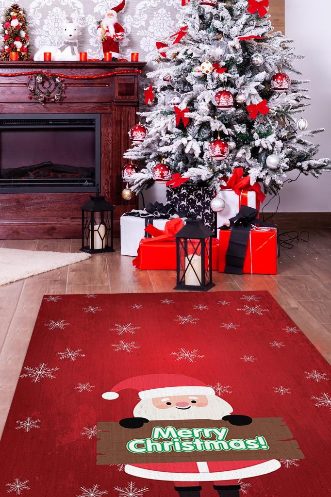 Noel Baba Kırmızı Renkli Yeni Yıl Parti Halısı Yılbaşı Hediyelik Halı Yeni Yıl Temalı Halı