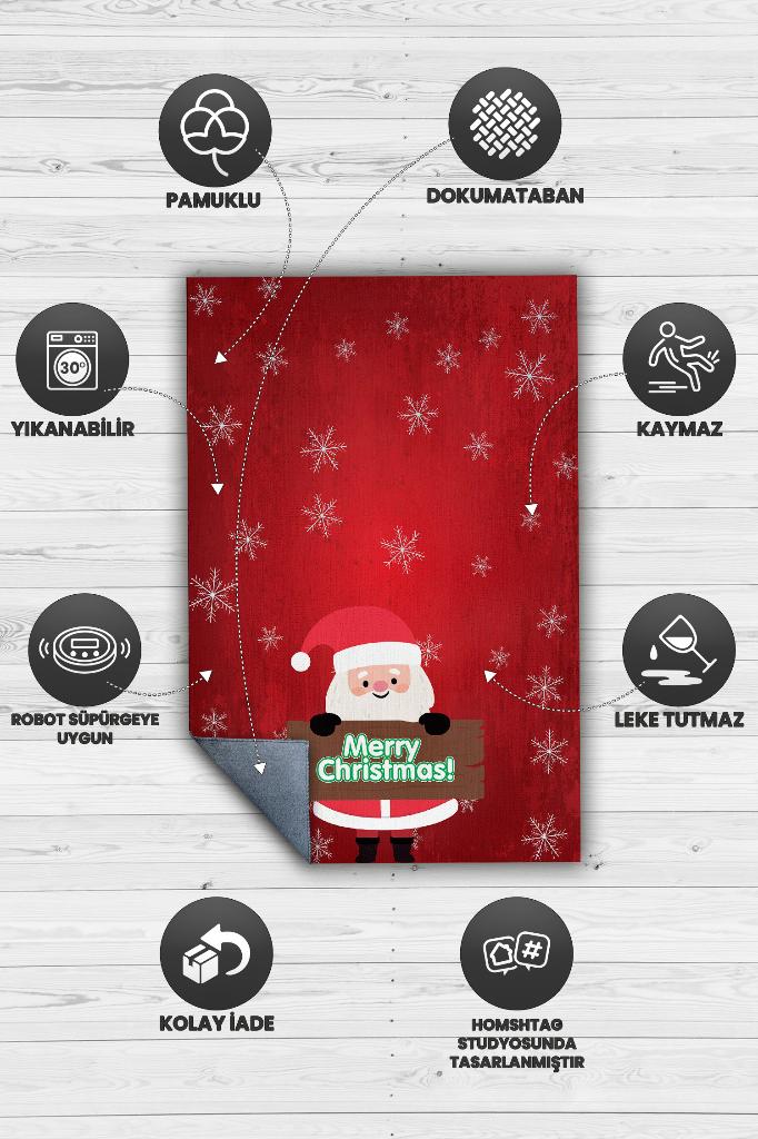 Noel Baba Kırmızı Renkli Yeni Yıl Parti Halısı Yılbaşı Hediyelik Halı Yeni Yıl Temalı Halı