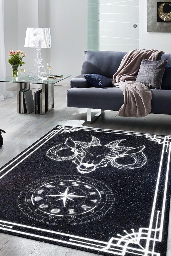 Oğlak Burcu Astroloji Temalı Halı Burç Halısı Oğlak Burcuna Hediyelik Halı Siyah Renk Halı