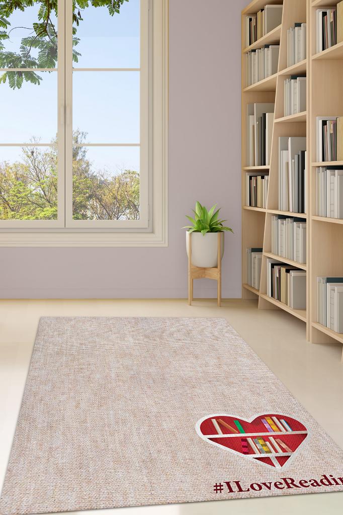 Okumaya Aşığım Krem Renkli Kitap Sever Halısı Okuma Sever Çalışma Odası Halısı