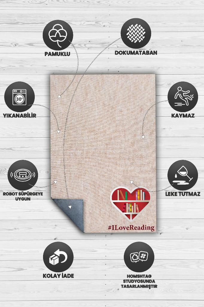 Okumaya Aşığım Krem Renkli Kitap Sever Halısı Okuma Sever Çalışma Odası Halısı