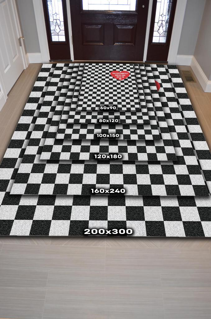 Olman Gereken Yer Siyah Beyaz Kareli Halı Geometrik Salon Halısı Aşk Temalı Modern Halı