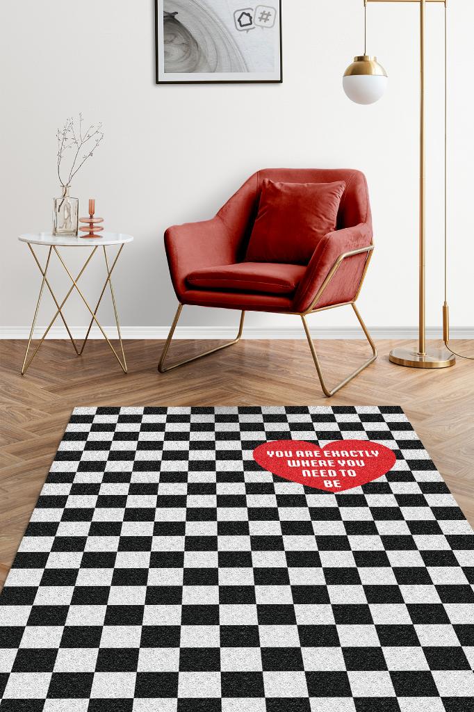 Olman Gereken Yer Siyah Beyaz Kareli Halı Geometrik Salon Halısı Aşk Temalı Modern Halı