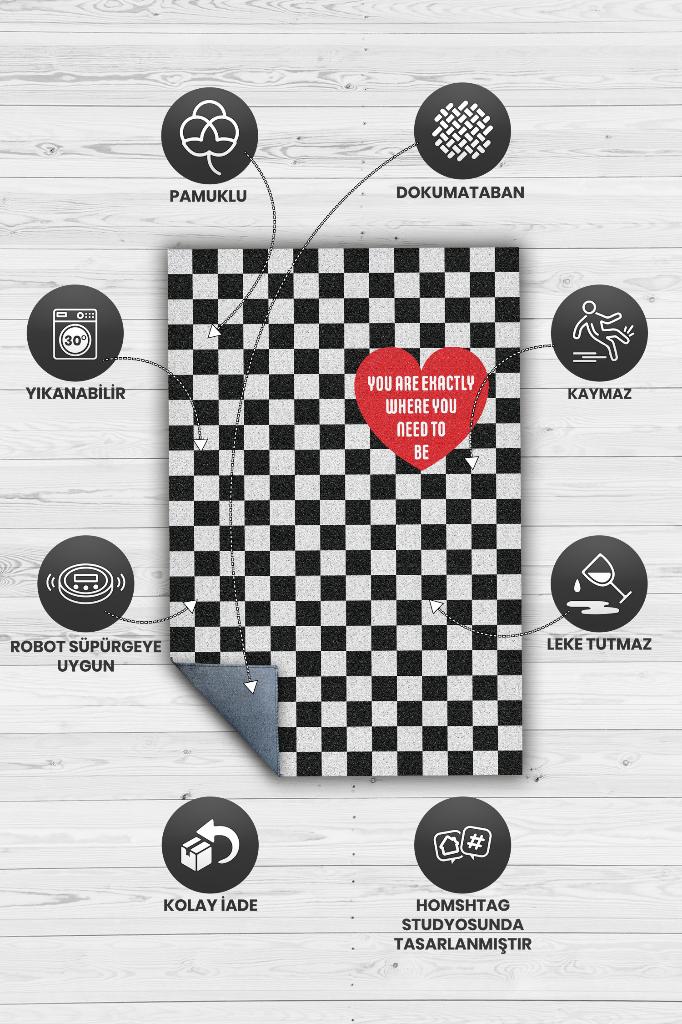 Olman Gereken Yer Siyah Beyaz Kareli Halı Geometrik Salon Halısı Aşk Temalı Modern Halı