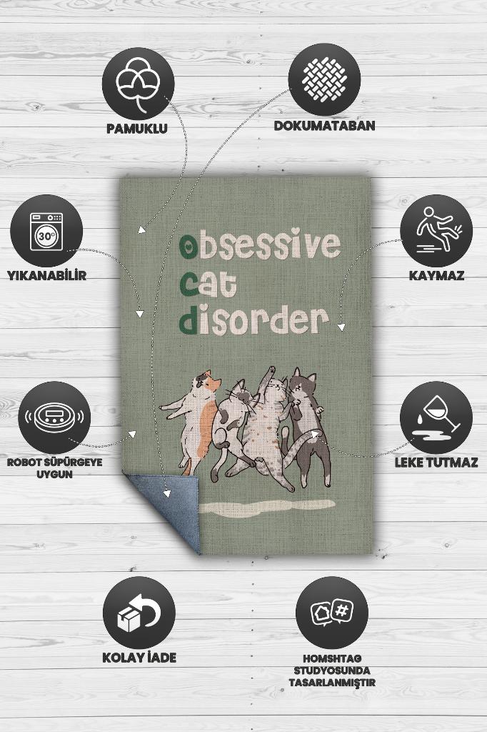 Opsesif Kedi Bozukluğu Yeşil Renkli Salon Halısı Minimal Oturma Odası Halısı Kedili Halı