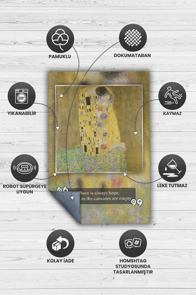 Öpücük Klimt Sanat Sever Halısı Çok Renkli Halı Tablo Temalı Halılar Sanat Halısı