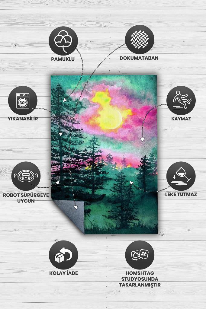 Ormana Bakış Çok Renkli Halı Manzara Temalı Figürlü Salon Halısı Dijital Baskı Tasarım Halı