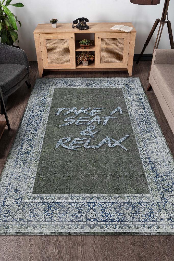 Otur Ve Rahatla Yeşil Renkli Halı Etnik Desenli Salon Halısı Modern Oturma Odası Halısı