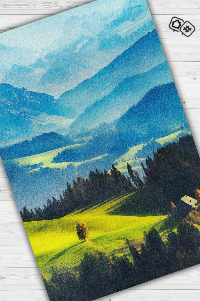 Ova Çok Renkli Halı Manzara Temalı Figürlü Salon Halısı Dijital Baskılı Tasarım Halı