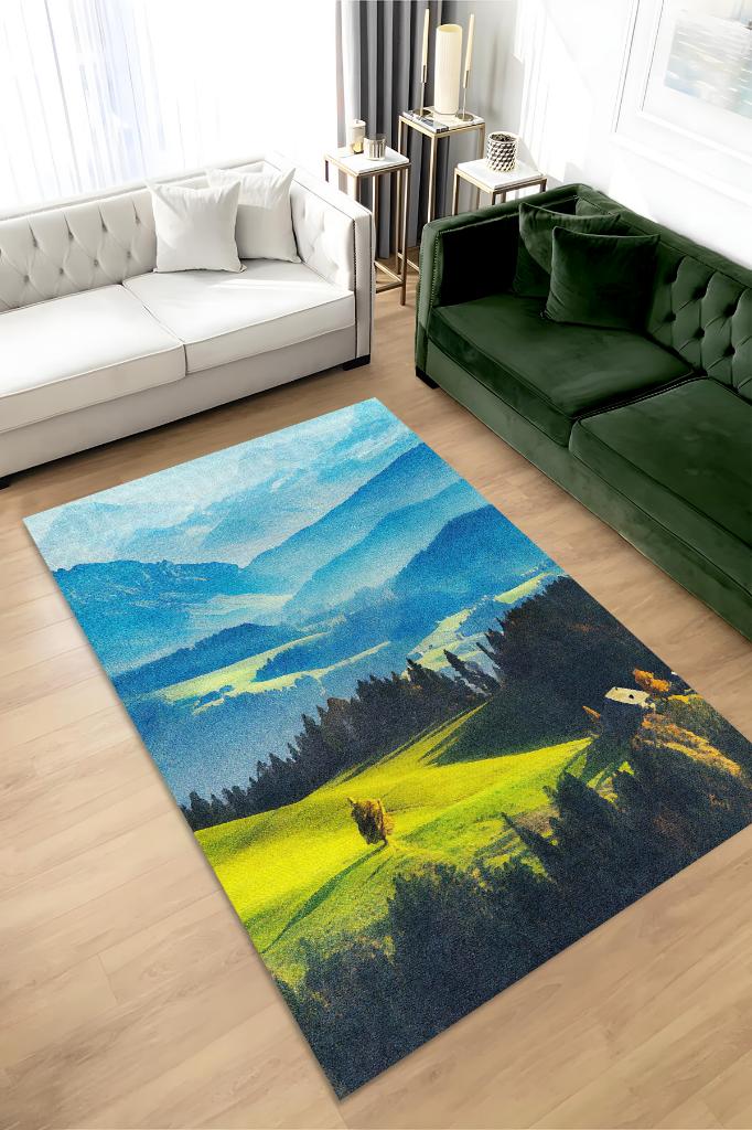 Ova Çok Renkli Halı Manzara Temalı Figürlü Salon Halısı Dijital Baskılı Tasarım Halı