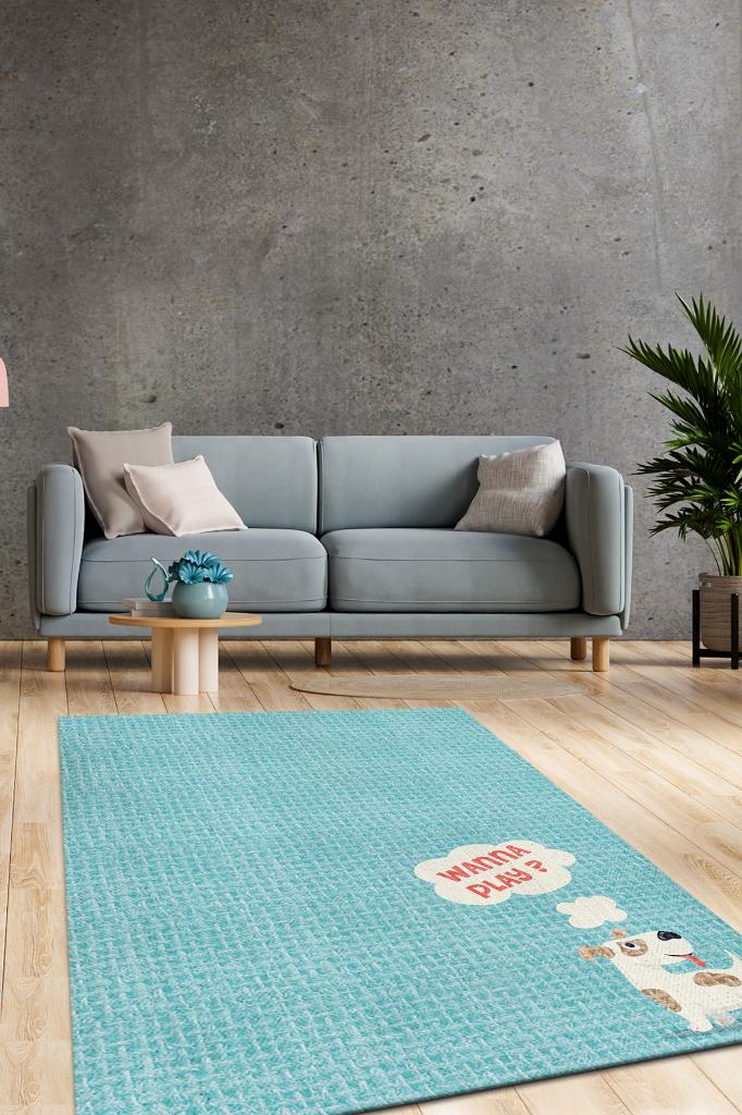Oynayalım Mı Mavi Renkli Halı Modern Salon Halısı Köpekli Yatak Odası Halısı Dokulu Halı