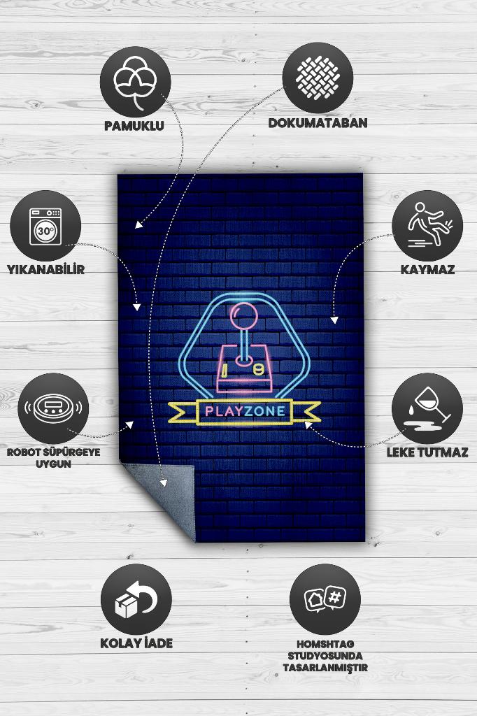 Oyun Alanı Mavi Renk Oyuncu Halısı Neon Renk Gamer Temalı Halı Modern Oyuncuya Hediye Halı