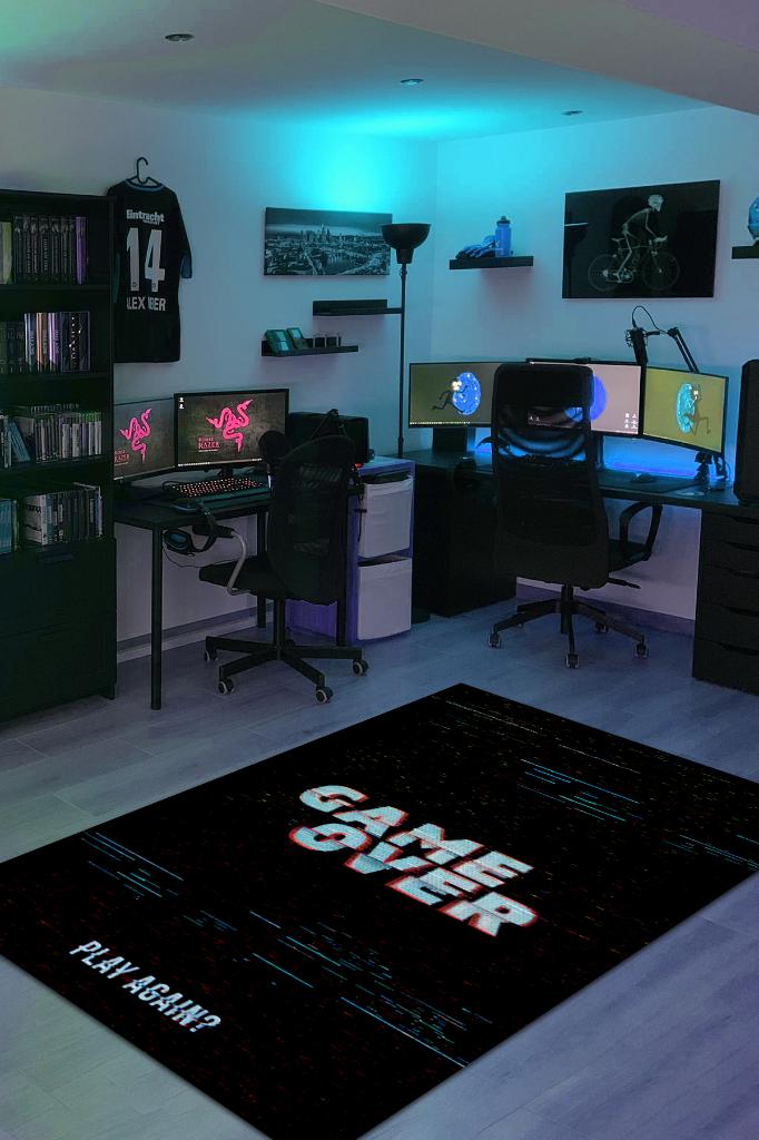 Oyun Bitti Renkli Oyuncu Halısı Zemini Siyah Renk Gamer Temalı Halı Oyuncuya Hediyelik Halı