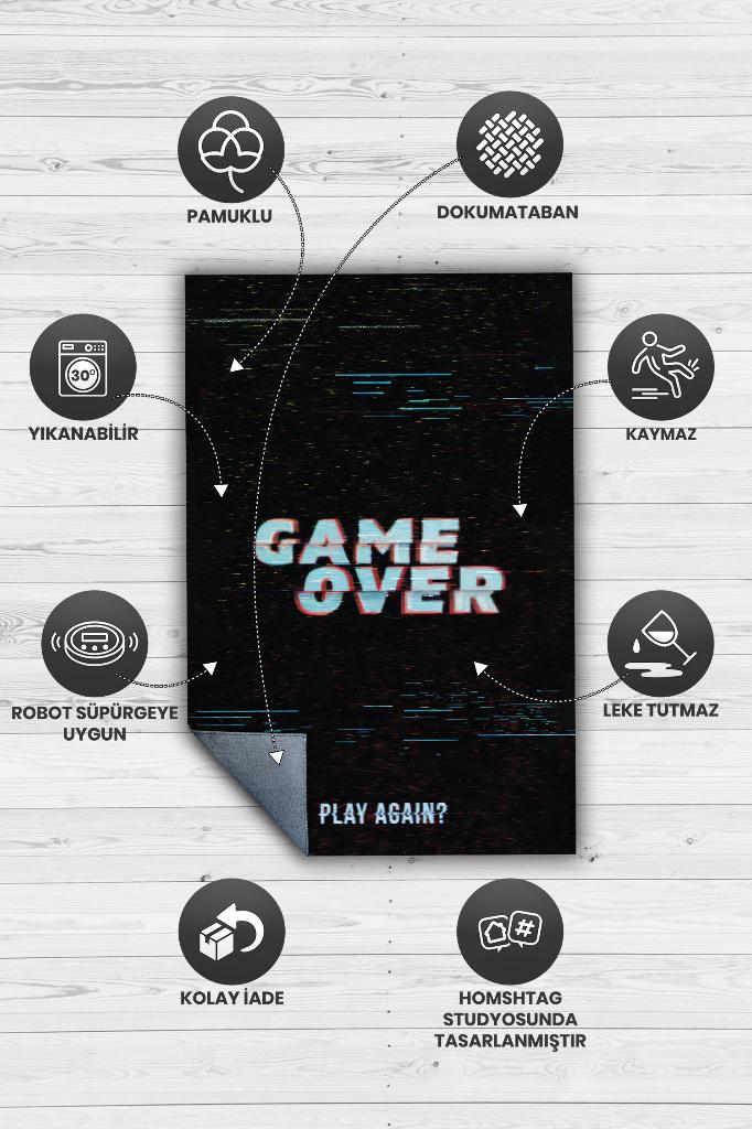 Oyun Bitti Renkli Oyuncu Halısı Zemini Siyah Renk Gamer Temalı Halı Oyuncuya Hediyelik Halı