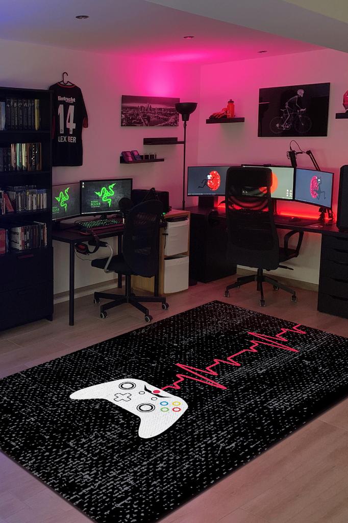 Oyun Ritmi Siyah Oyuncu Halısı Gamer Tasarım Halı Oyuncuya Hediye Halı Konsol Temalı Halı