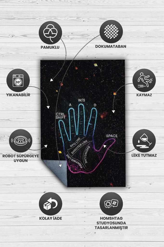 Oyuncu El Falı Çok Renkli Oyuncu Halısı Neon Renk Gamer Temalı Halı Oyuncuya Hediyelik Halı