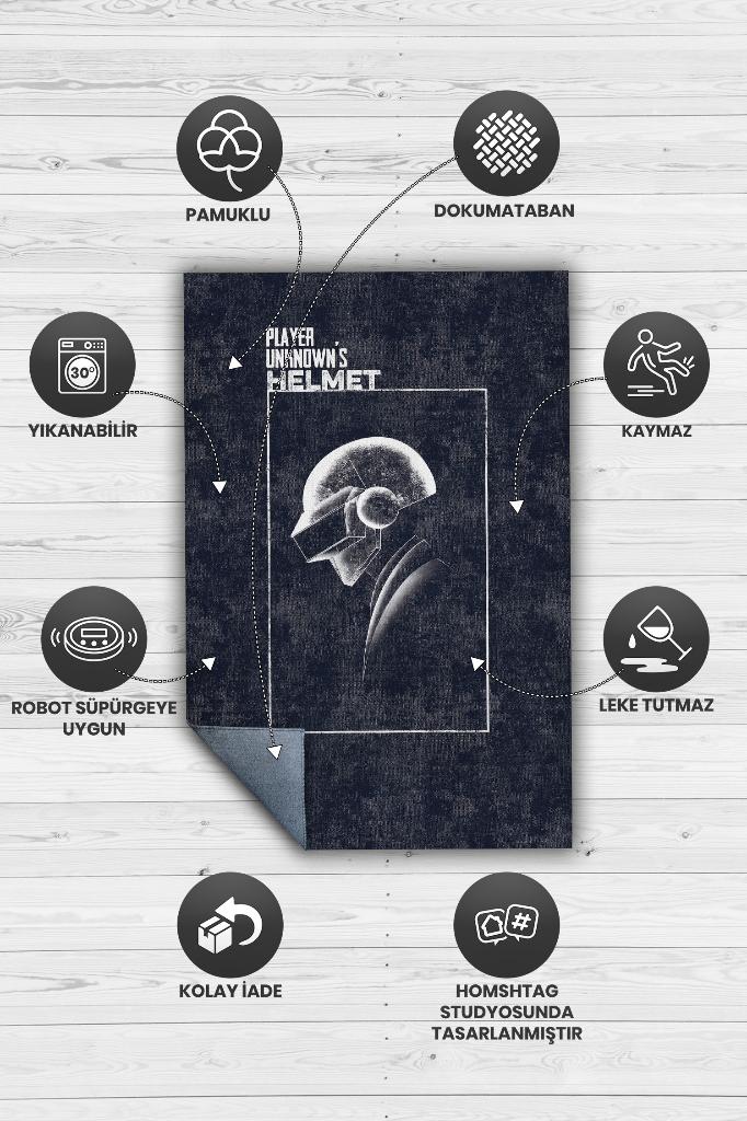 Oyuncunun Kaskı Siyah Renk Oyuncu Halısı Koyu Renk Gamer Temalı Halı Pubg Sever Hediye Halı