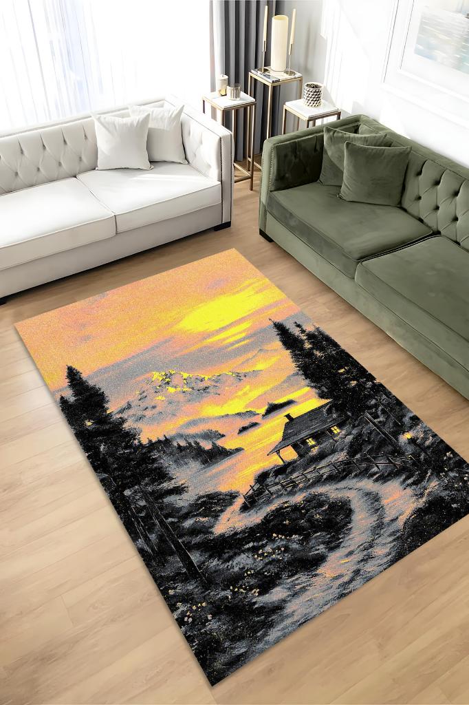 Patika Çok Renkli Halı Manzara Temalı Figürlü Salon Halısı Dijital Baskı Tasarım Halı