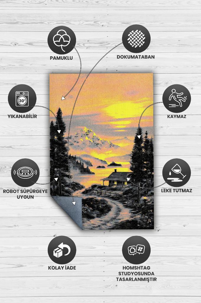 Patika Çok Renkli Halı Manzara Temalı Figürlü Salon Halısı Dijital Baskı Tasarım Halı