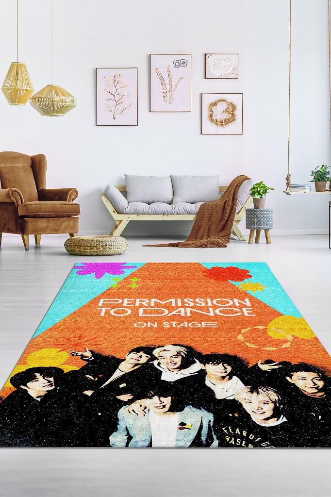 Permission To Dance Renkli Halı Kpop Sever Dokuma Müzik Sever Halısı Kpop Temalı Halı