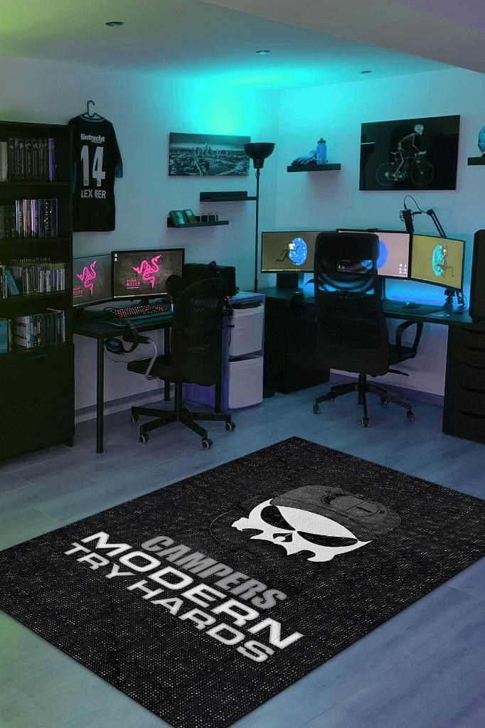 Pusucular Siyah Oyuncu Halısı Beyaz Renk Gamer Temalı Halı Call Of Duty Sever Hediye Halı