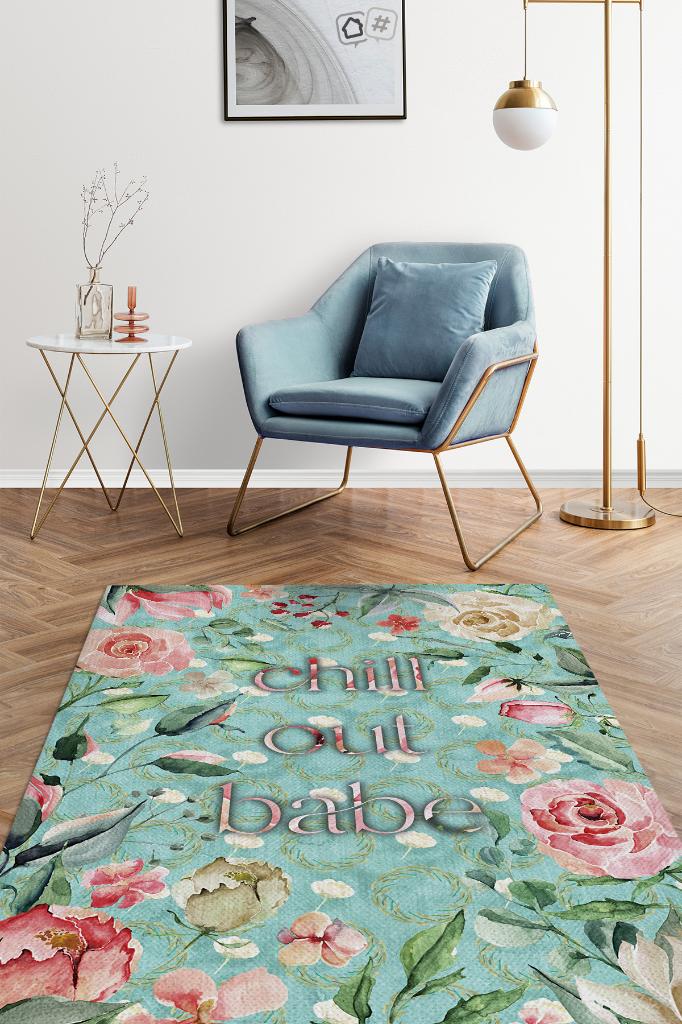 Rahatla Bebeğim Yeşil Renkli Halı Çiçek Desenli Salon Halısı Çok Renkli Mutfak Halısı