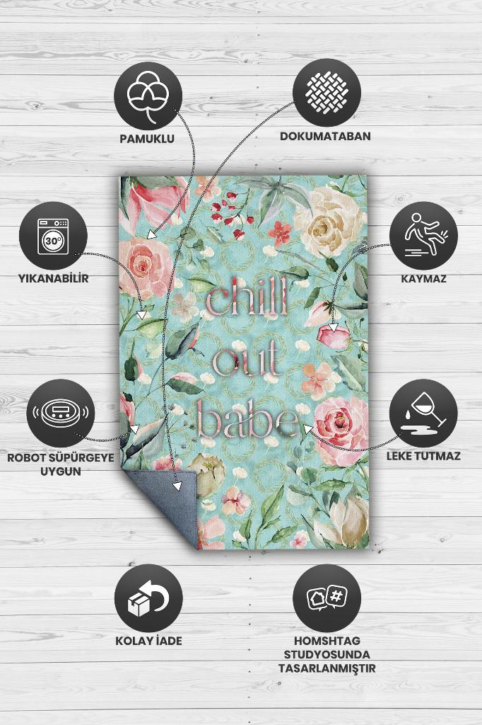 Rahatla Bebeğim Yeşil Renkli Halı Çiçek Desenli Salon Halısı Çok Renkli Mutfak Halısı