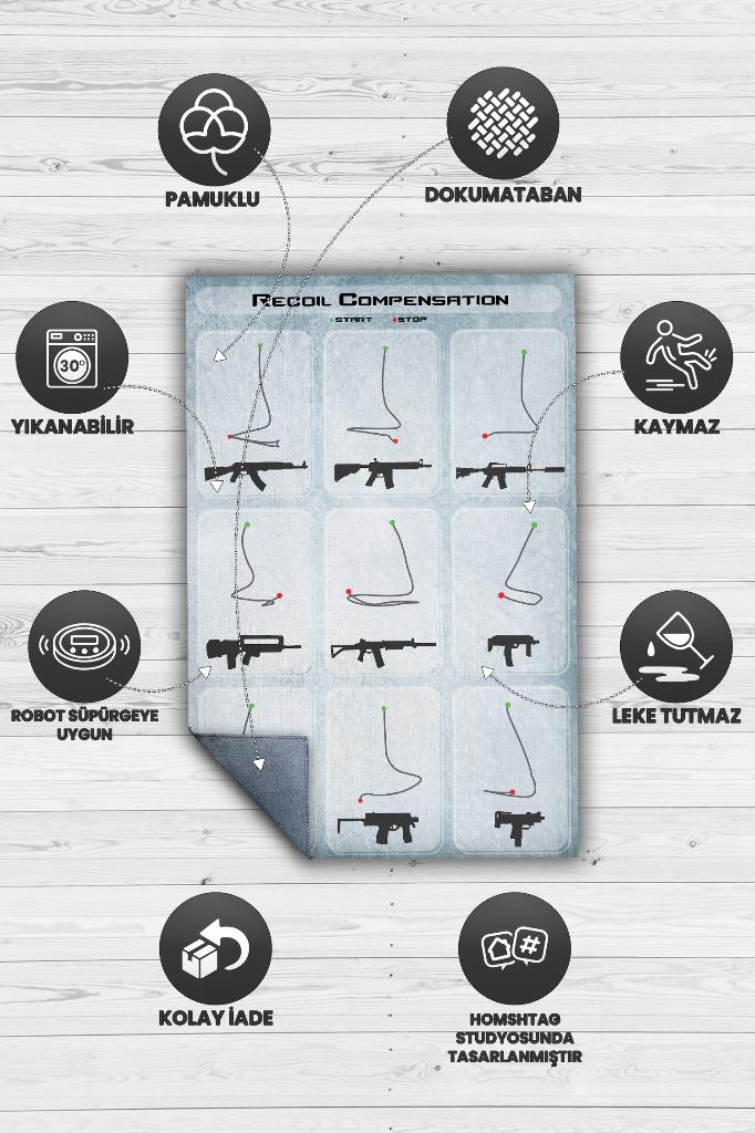 Recoil Beyaz Renk Oyuncu Halı Açık Renk Gamer Temalı Halı Counter Strike Sever Hediye Halı