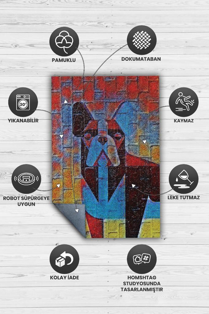 Renkli Köpek Geometrik Desenli Gölgeli Genç Odası Halısı Geometrilk Hayvan Sever Halısı