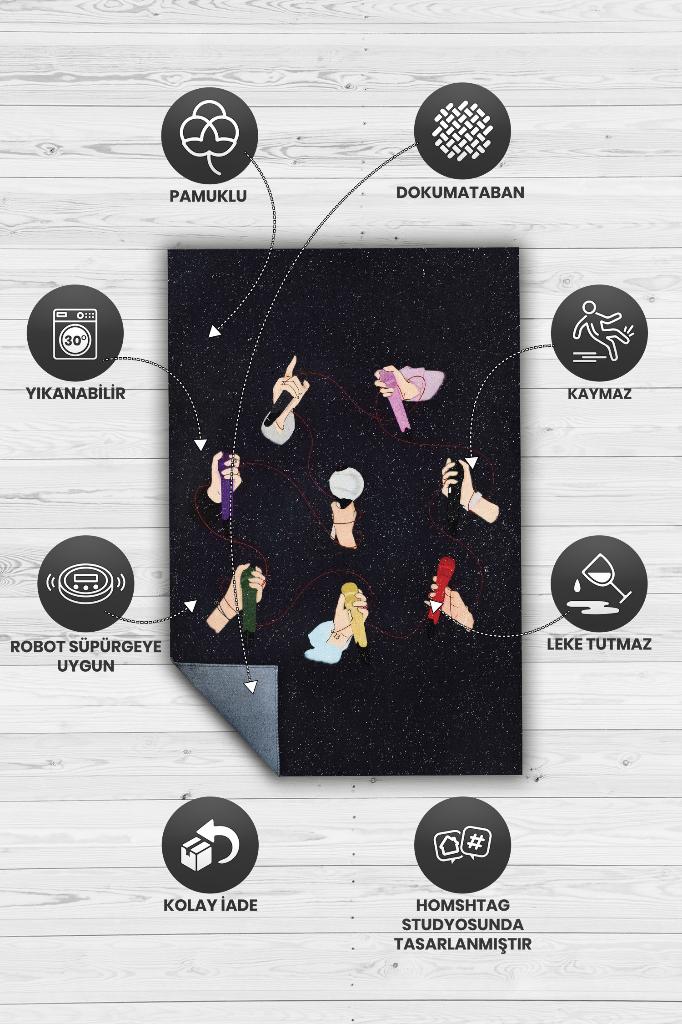 Renkli Mikrofonlar Siyah Renkli Halı Modern Genç Odası Halısı Kpop Sever Genç Odası Halısı