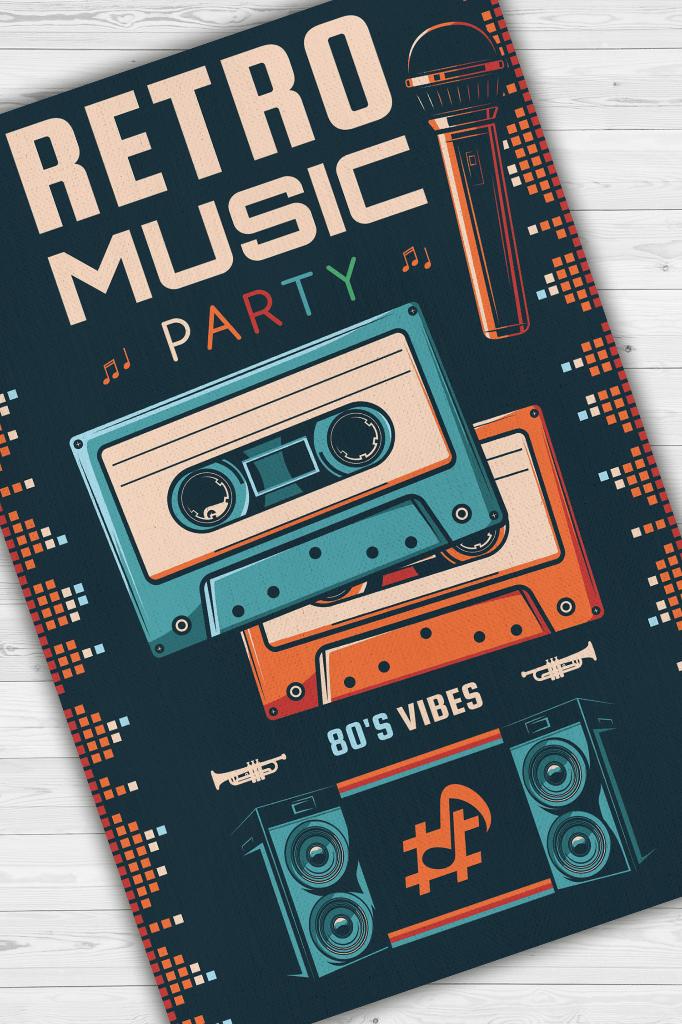 Retro Müzik Çok Renkli Müzik Sever Halısı Müzisyene Hediye Halı Müzik Figürlü Halı