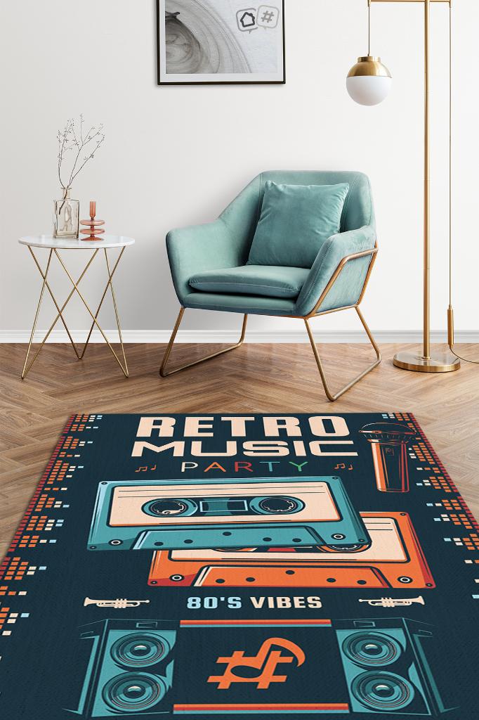 Retro Müzik Çok Renkli Müzik Sever Halısı Müzisyene Hediye Halı Müzik Figürlü Halı