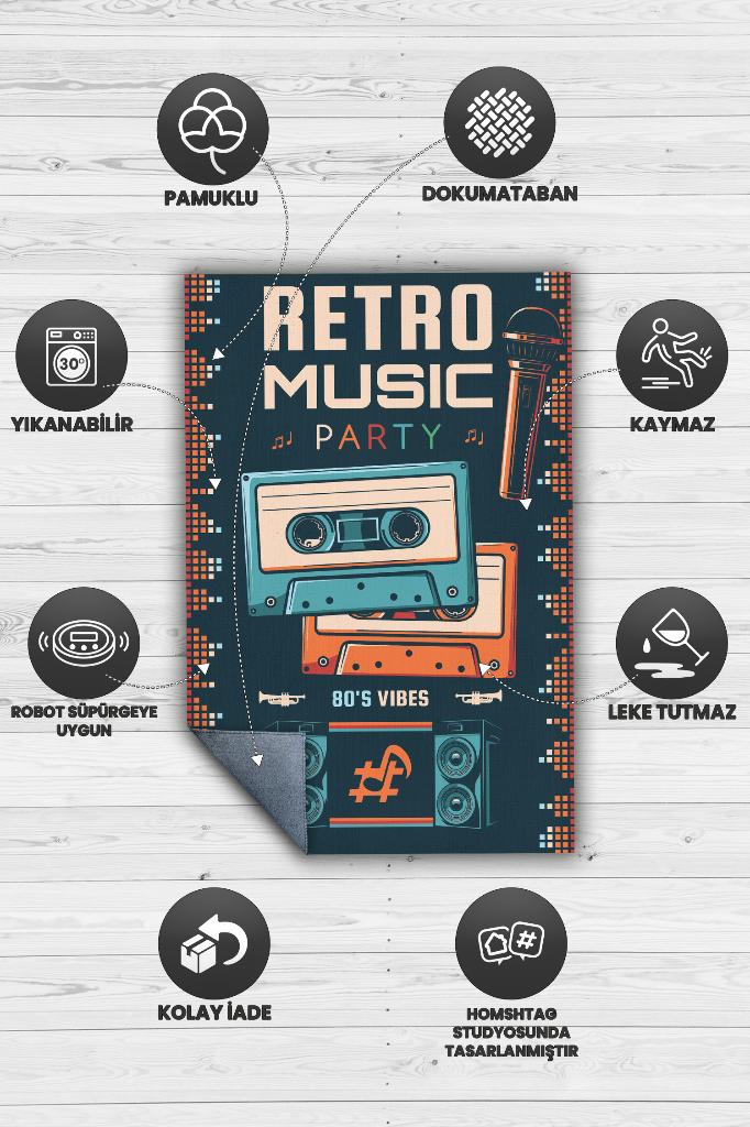 Retro Müzik Çok Renkli Müzik Sever Halısı Müzisyene Hediye Halı Müzik Figürlü Halı