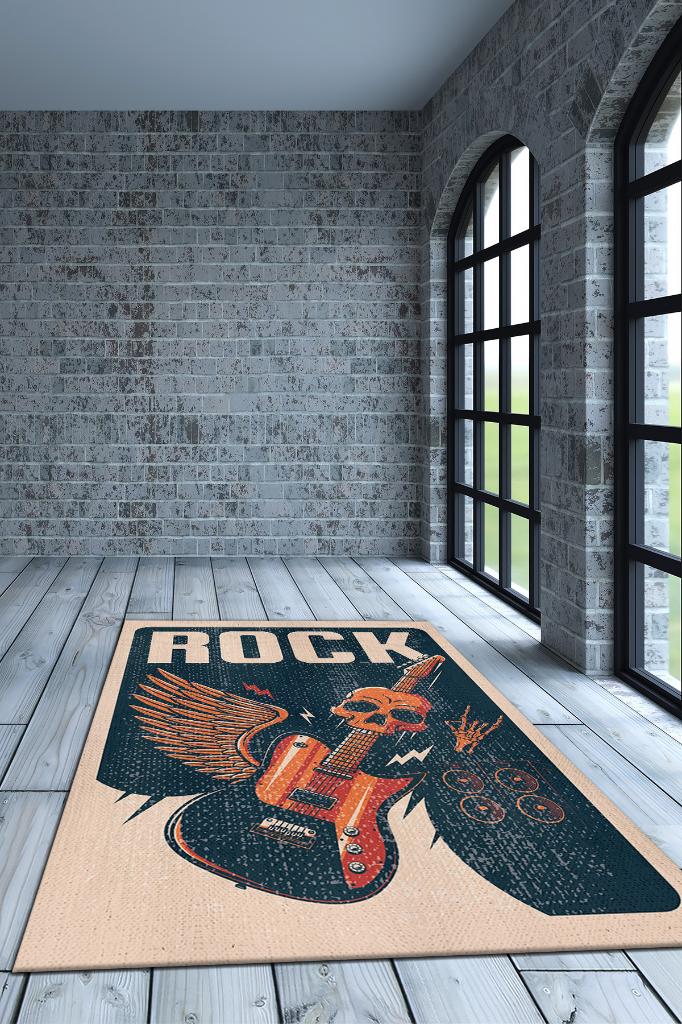 Rock Art Müzik Halısı Çok Renkli Müzik Halısı Gitar Figürlü Modern Halı Müzisyene Hediye