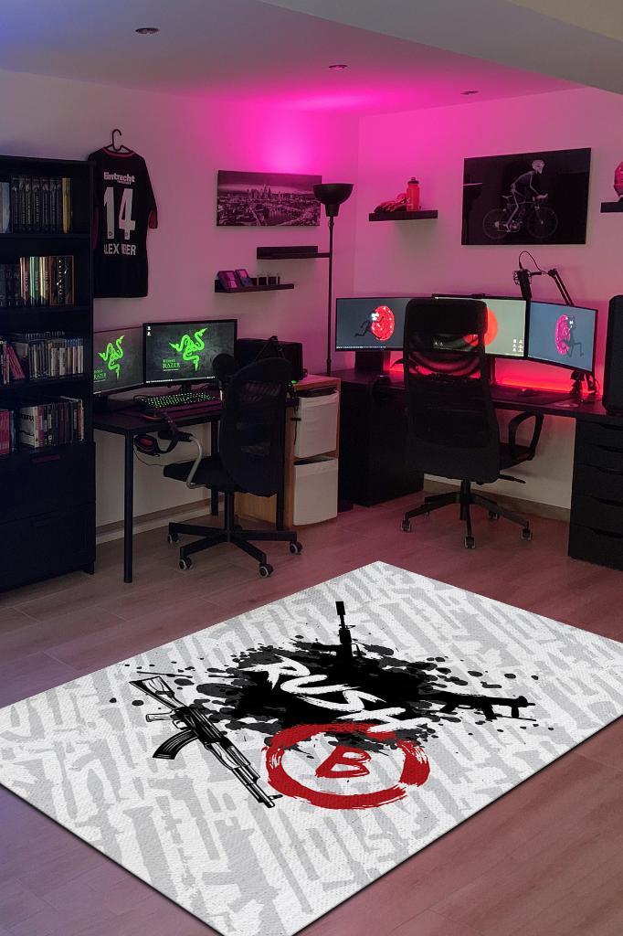 Rush Siyah Beyaz Renk Oyuncu Halı Koyu Renk Gamer Temalı Halı Counter Strike Hediyelik Halı