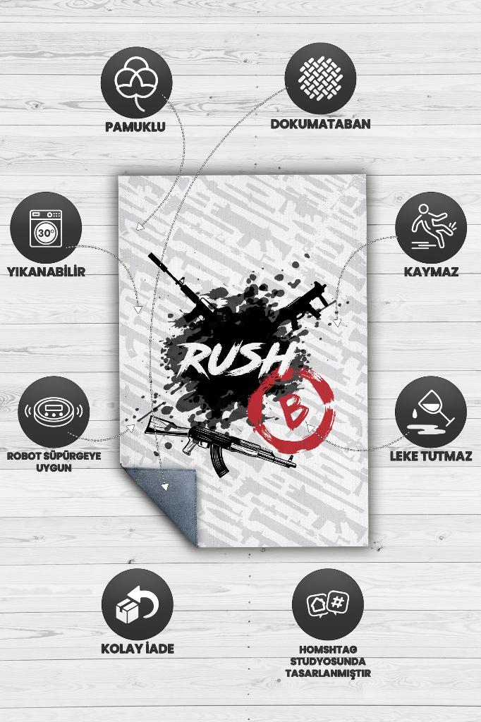 Rush Siyah Beyaz Renk Oyuncu Halı Koyu Renk Gamer Temalı Halı Counter Strike Hediyelik Halı