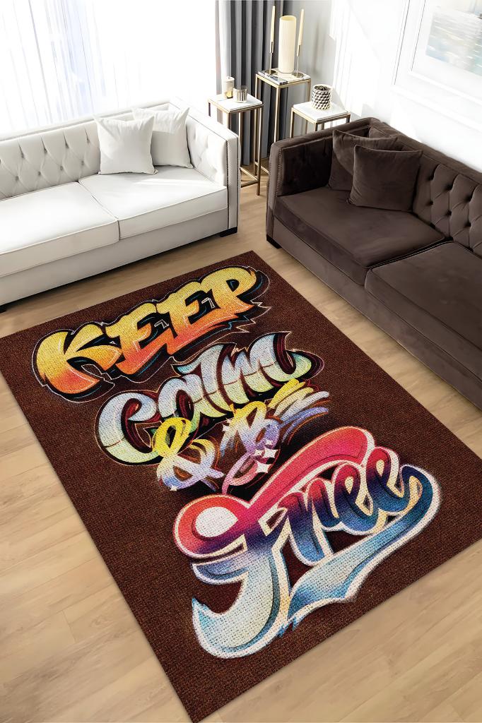 Duvar Sanatı Temalı Kahverengi Genç Odası Halsı Yıkanabilir Dekoratif Graffiti Halısı