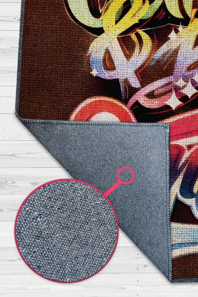 Duvar Sanatı Temalı Kahverengi Genç Odası Halsı Yıkanabilir Dekoratif Graffiti Halısı